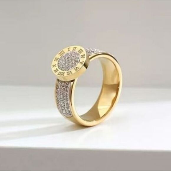 Stainless Steel 14K Gold Plated Numerals Inlaid Lab Diamond Luxury Ring Size 7 - Picture 1 of 15